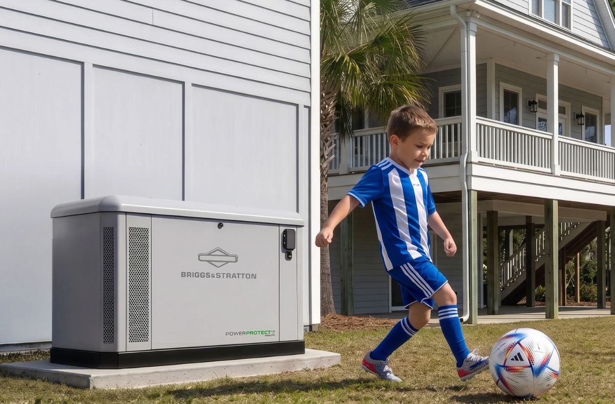 Safety Matters with a Briggs & Stratton generator A Standby Generator with an Automatic Transfer Switch and a child playing, showcasing the safety measures taken by Briggs & Stratton